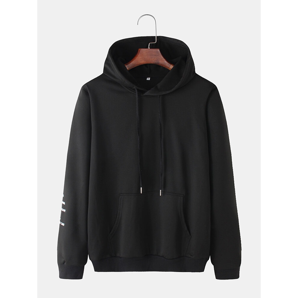 Mens Plain Texting Print On Sleeve Loose Casual Kangaroo Pocket Drawstring Hoodies - Black 2XL