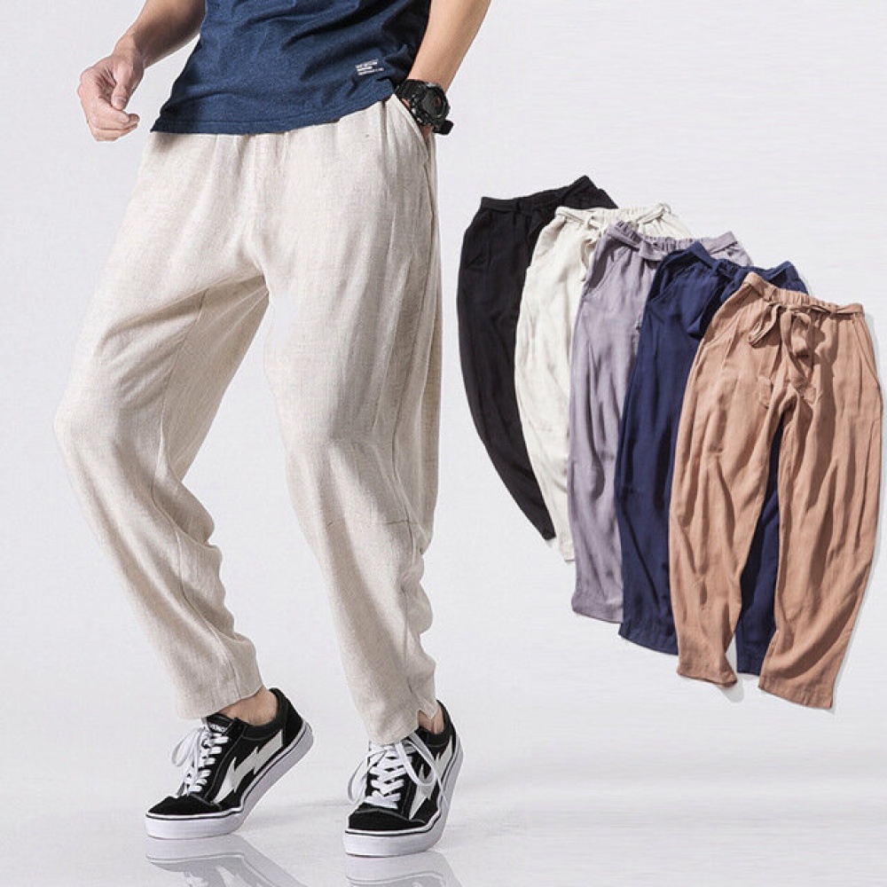 Season Men's Casual Pants New National Wind Japanese Men's Linen Thin Pants Trousers Cotton Harem Pants - L Black