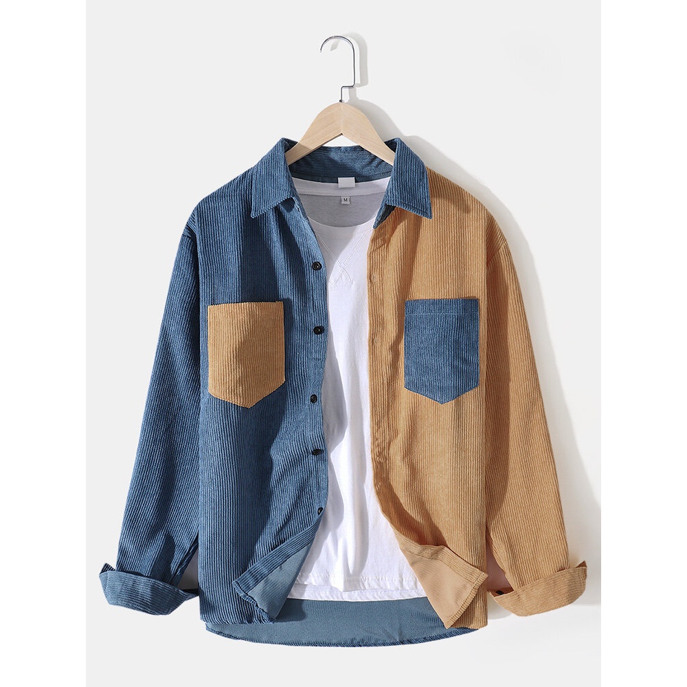Corduroy Mens Solid Color Patchwork Double Pocket Long Sleeve Design Shirts - Yellow L