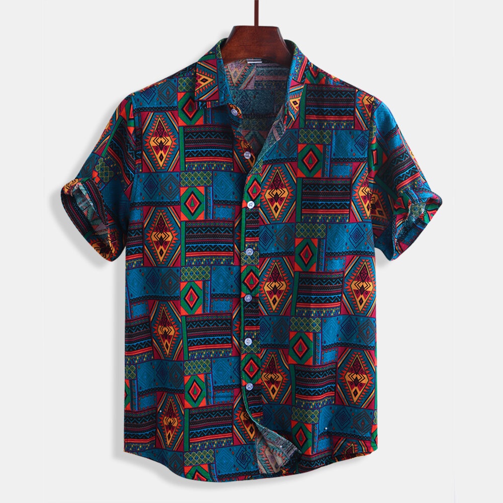 Mens Vintage Fashion Ethnic Pattern Printing Summer Shirts - M Blue