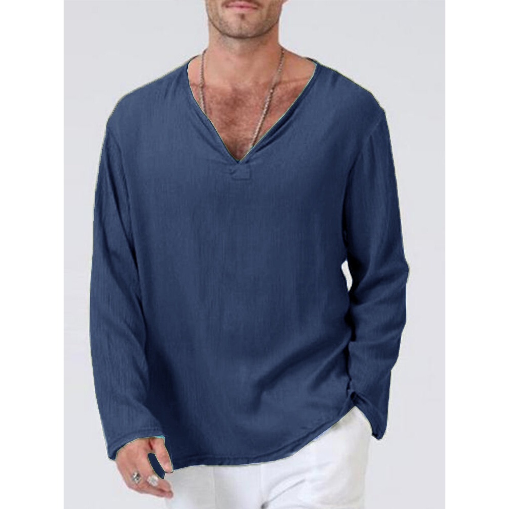 Mens 100% Cotton Solid Color V-Neck Casual Long Sleeve T-Shirts - Brown S