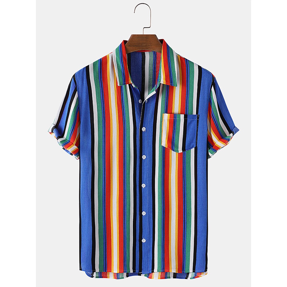 Mens Colorful Vertical Stripes Lapel Collar Holiday Casual Shirts - Red S