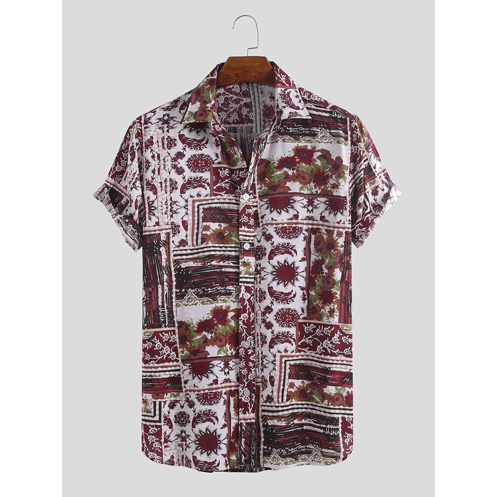 Mens Fashion Funny Printed Turn Down Collar Hawaiian Shirts - 2XL Red