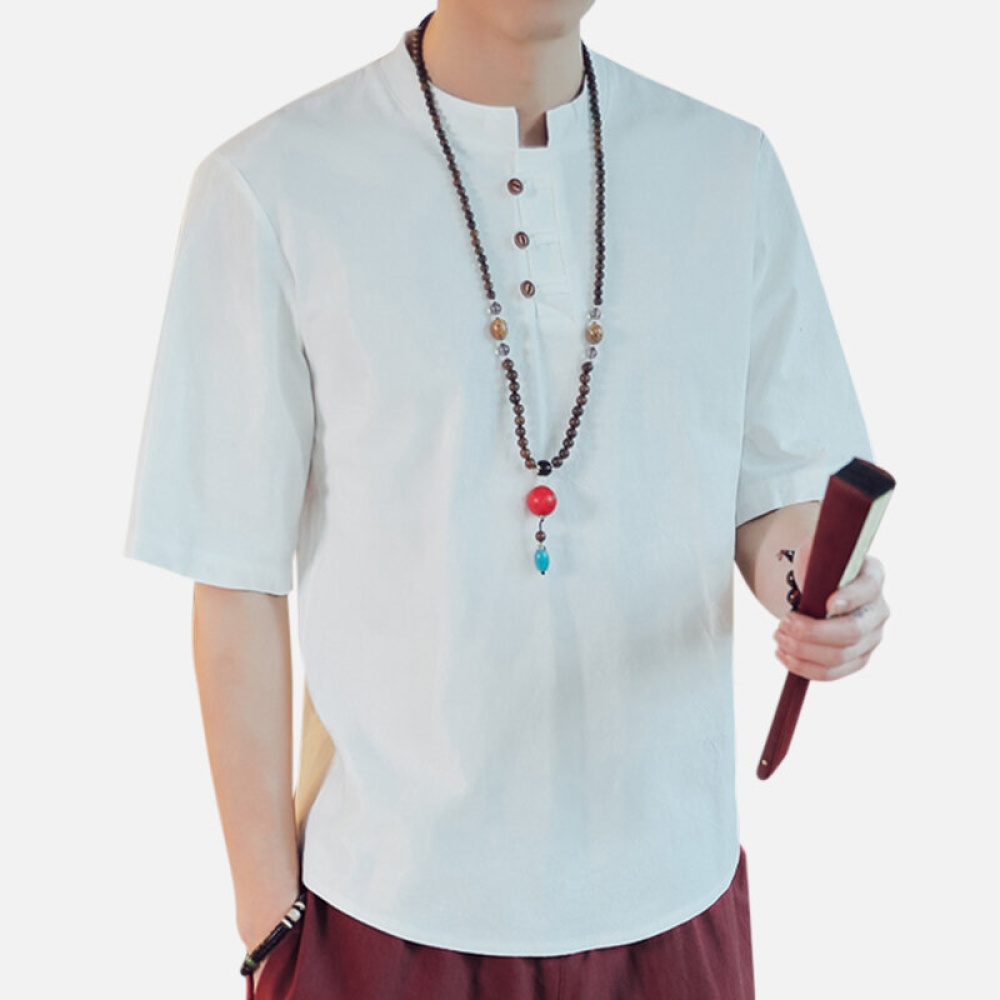 Mens Vintage Chinese Style Solid Color Linen T-shirts - XS Dark Grey