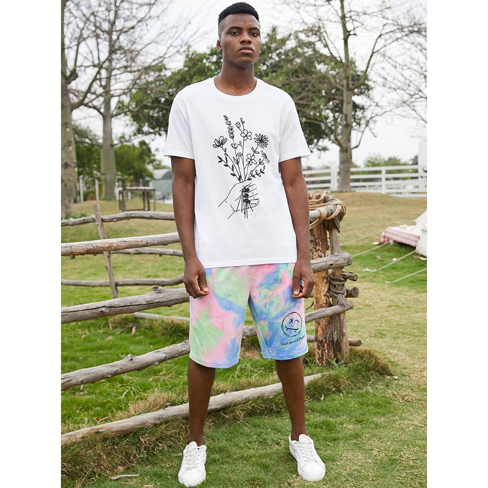 Mens Casual Cotton Flower Print Short Sleeve T-Shirts - Black 2XL