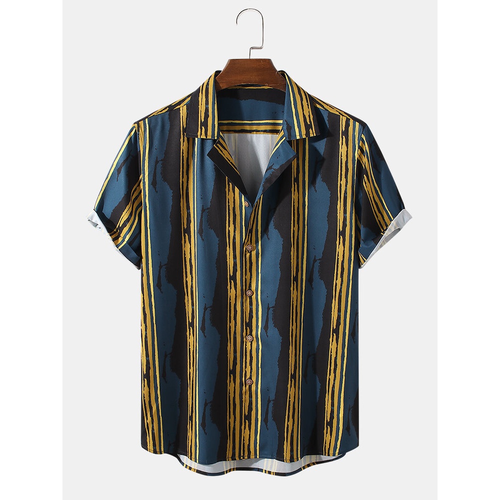 Mens Striped Wave Design Holiday Casual Shirts - Blue S