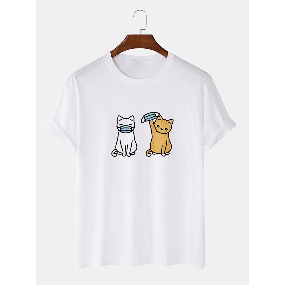 Mens 100% Cotton Funny Cartoon Cat Printed Short Sleeve T-Shirts - Grey XL