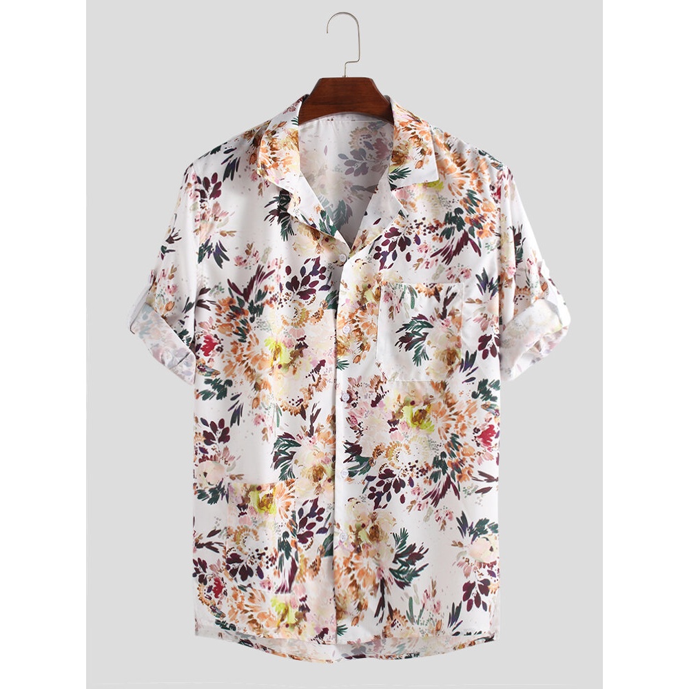 Mens Fashion Half Sleeve Chinese Style Floral Printed Shirts - 2XL Blue