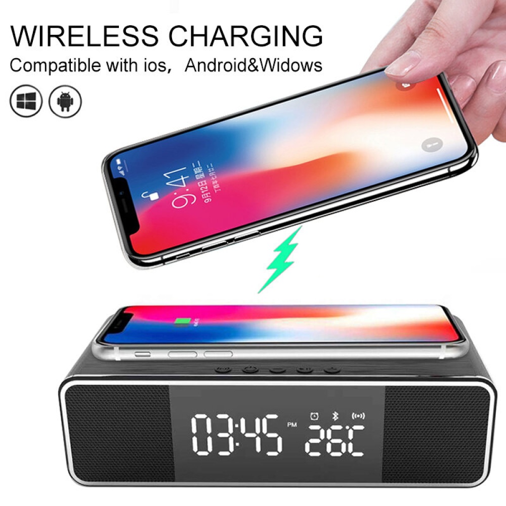 Wireless bluetooth Alarm Clock Phone Charger FM Radio Table Digital Thermometer With Alarm Clock Display Desktop Clock for Home Decor - White - Image 2