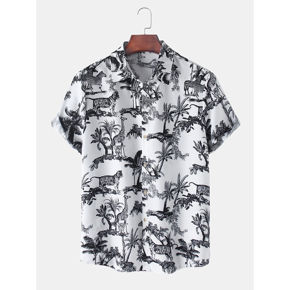 Mens Multipile Animal Print Lapel Collar Short Sleeve Casual Shirts - White S