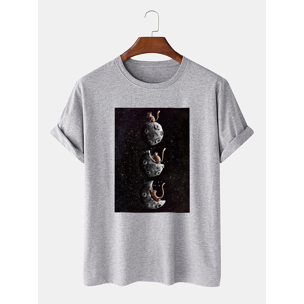 Mens 100% Cotton Space Cat Graphic Print Casual Short Sleeve T-Shirt - Black S