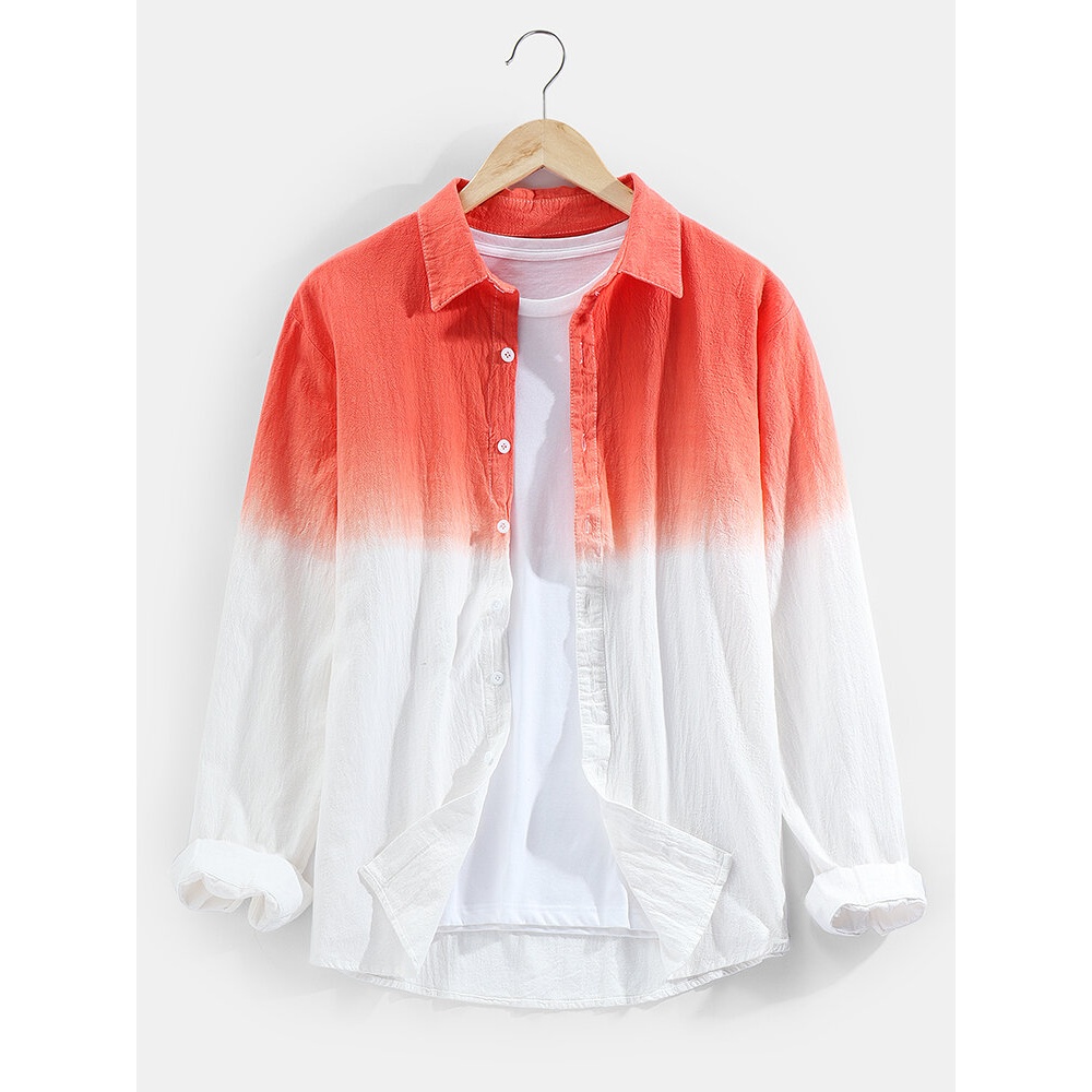 Mens Two Tone Ombre Basic Lapel Long Sleeve Casual Shirt - Red L
