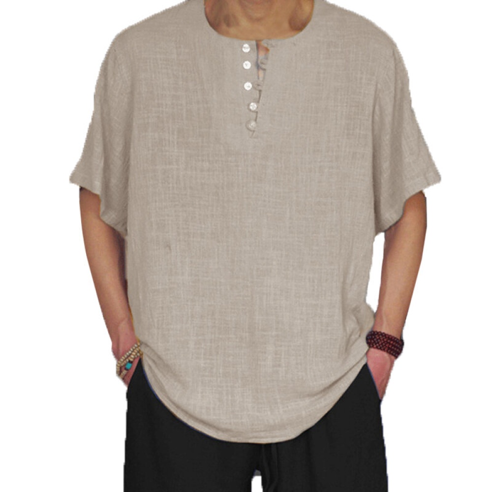 Mens Vintage Chinese Style Loose Casual T-Shirts Tee Tops - S Light Blue