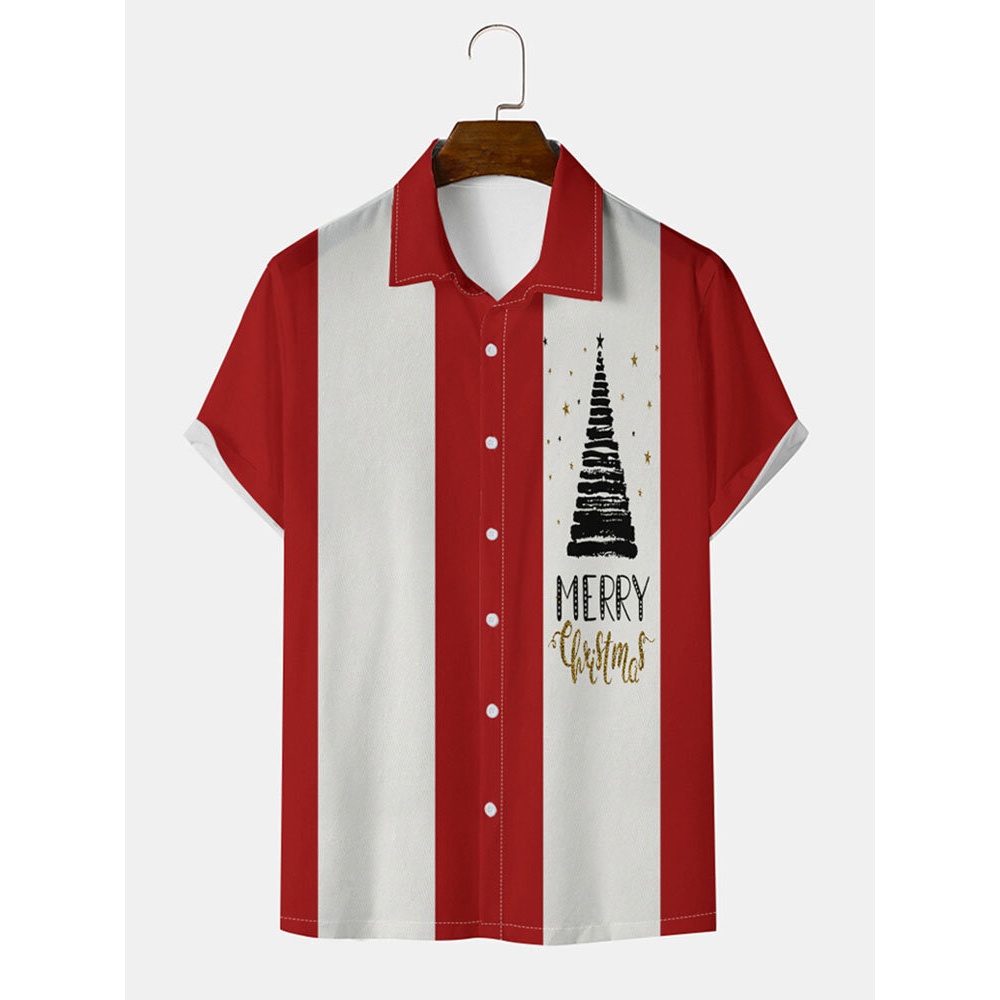 Men  Contrast Striped Trees Button Lapel Short Sleeve Shirts - Red S