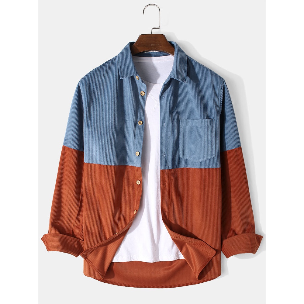 Mens Corduroy Patchwork Solid Color Button Up Long Sleeve Cargo Shirts - Orange 2XL