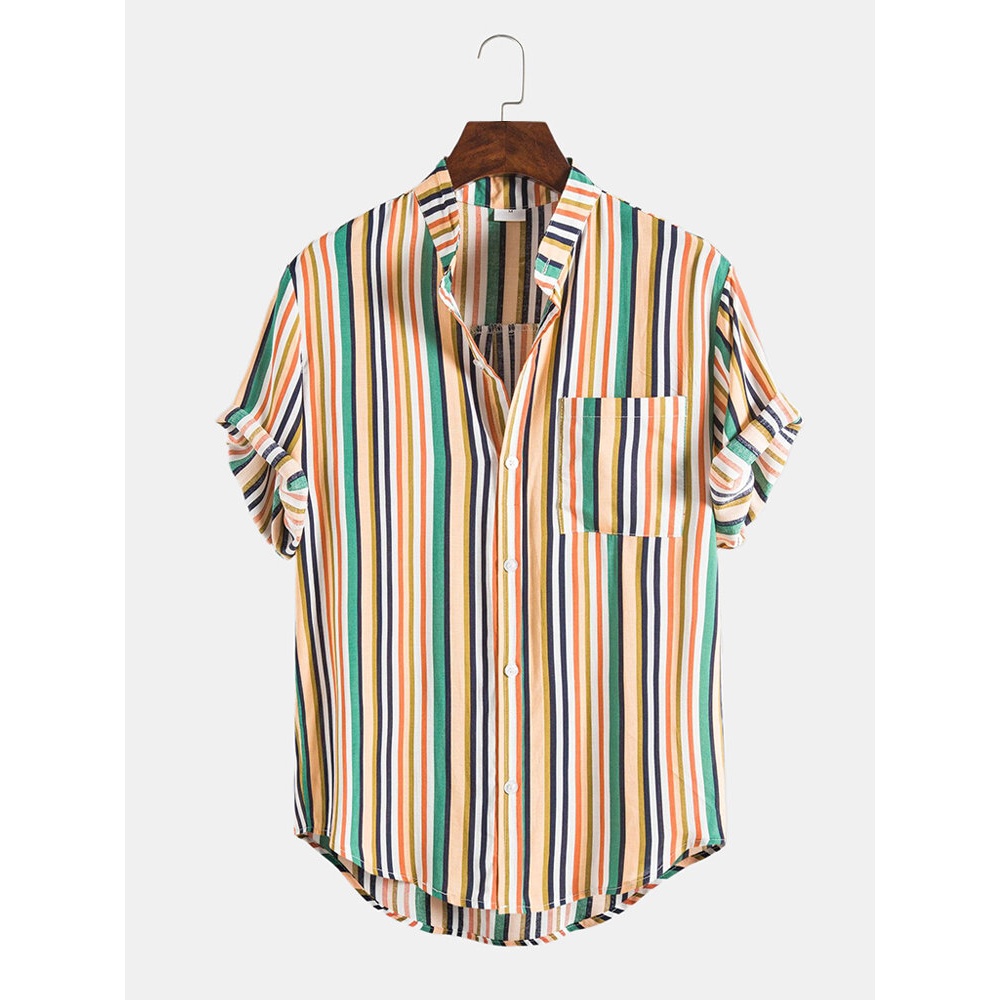 Mens Breathable Multicolor Vertical Stripe Chest Pocket Short Sleeve Shirts - Yellow S