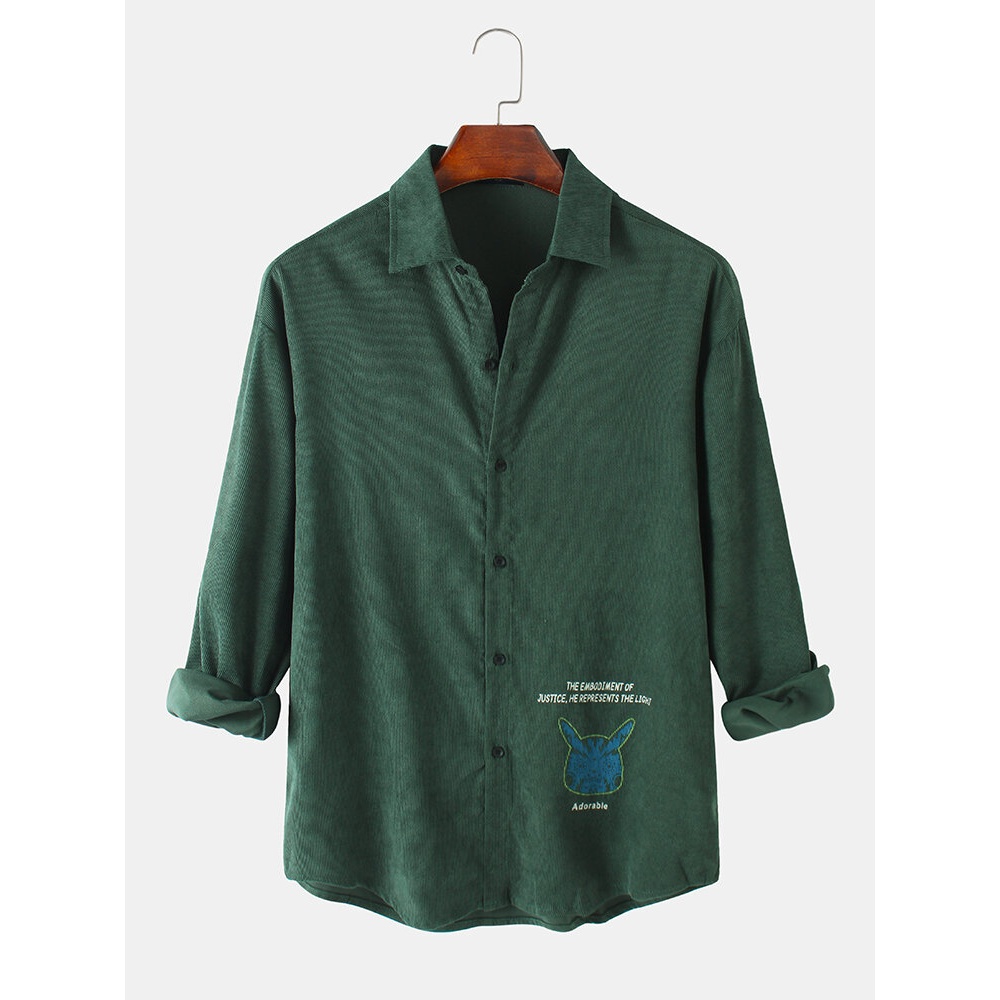 Mens Corduroy Back Cartoon Animal Letter Print Casual Long Sleeve Shirts - Black S