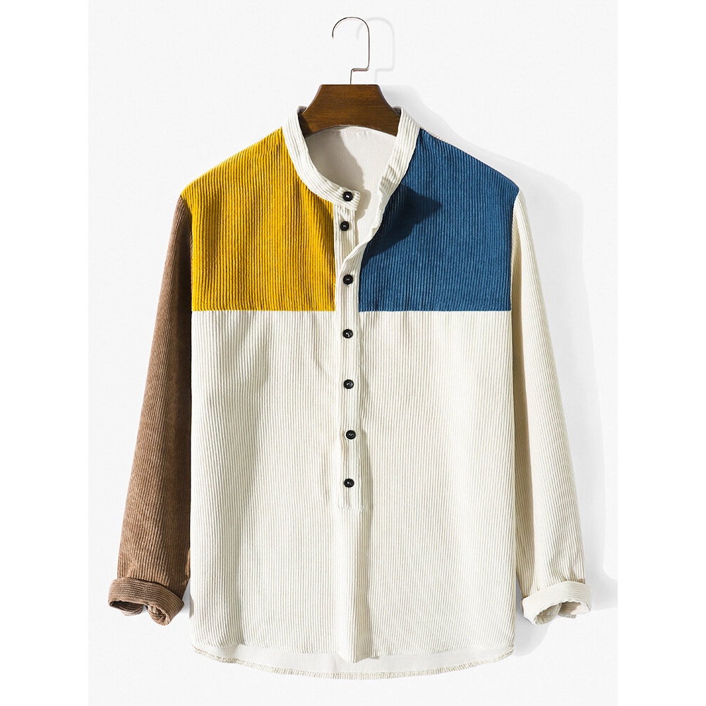 Men Patchwork Contrast Color Block Long Sleeve Stand Collar Buttons Henley Shirts - Apricot S