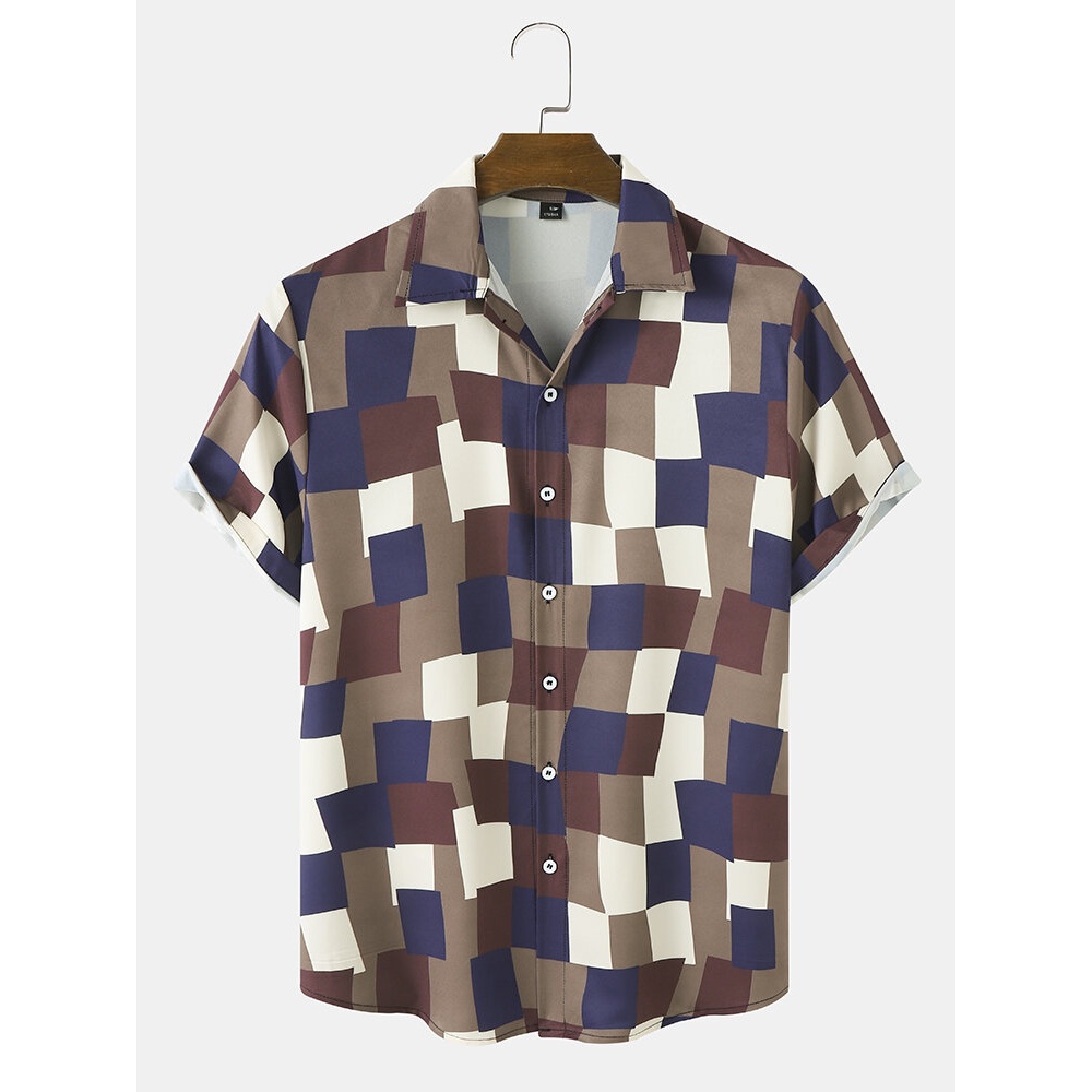 Men Plaid Patchwork Contrast Color Block Lapel Collar Buttons Shirts - Brown XL