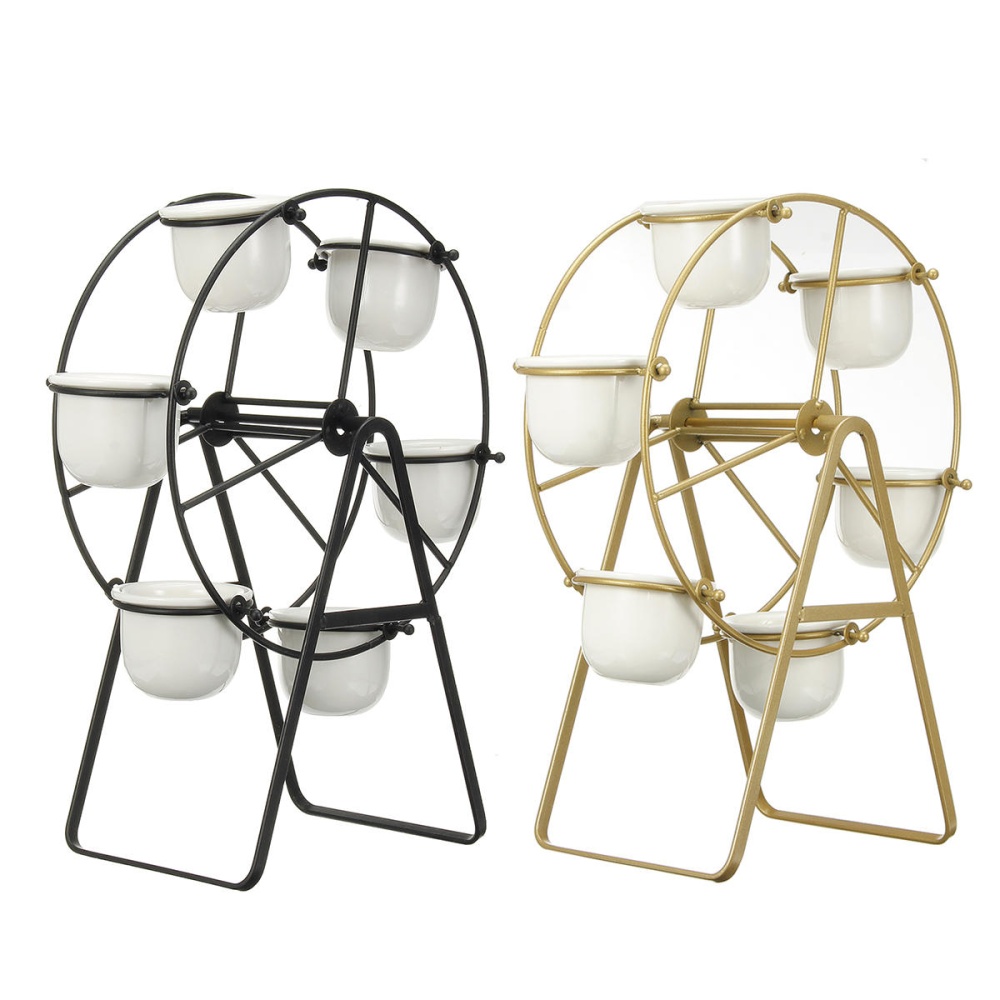 Ceramic Succulent Plant Pot Bonsai Holder Rack Home Tabletop Decor W/ Iron Stand - Black