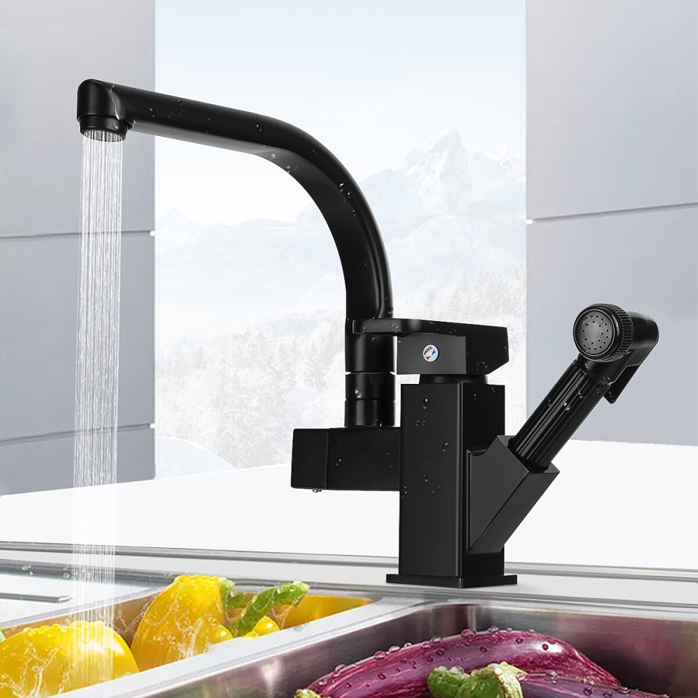 Kitchen Sink Mixer Taps 360°Swivel Spout With Pull Out Spray Faucet & 2 Hose - Silver - Image 2