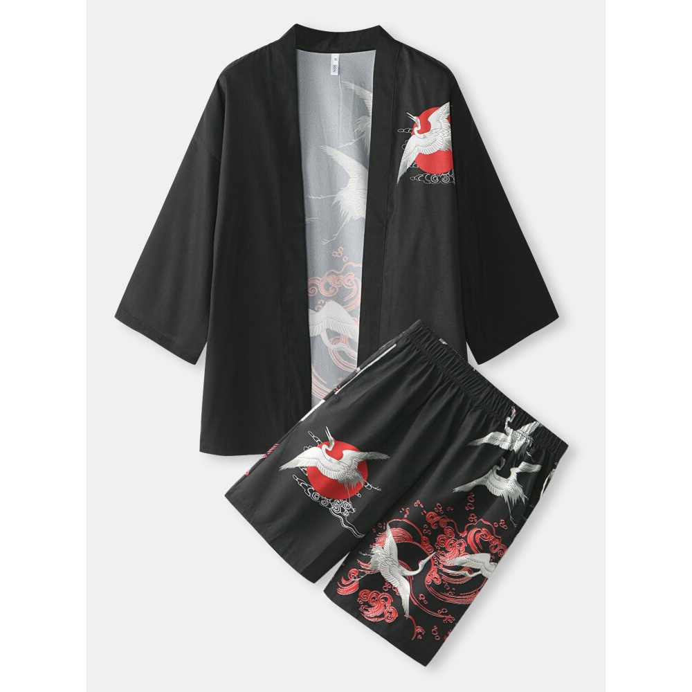 Mens Chinese Style Crane Print Open Front Kimono Two Pieces Outfits - Black S