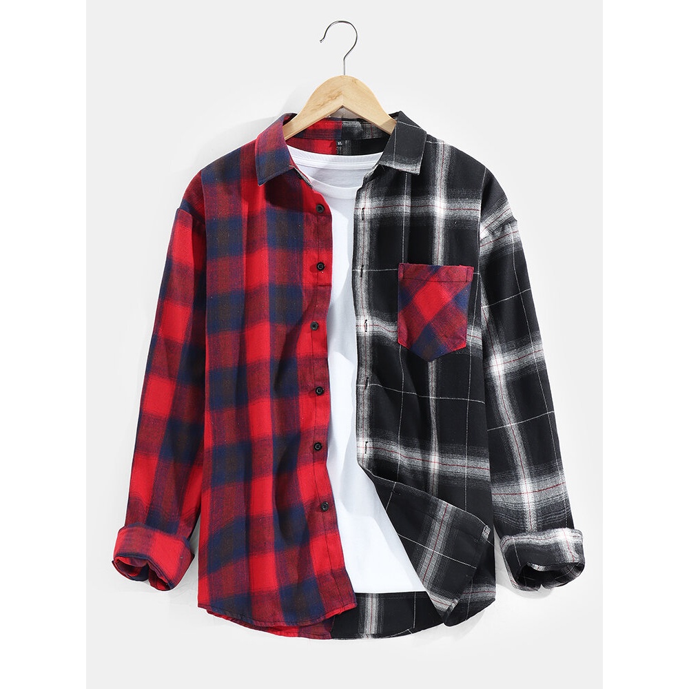 Mens Contrast Color Plaid Print Lapel Casual Cotton Long Sleeve Shirt - Green S