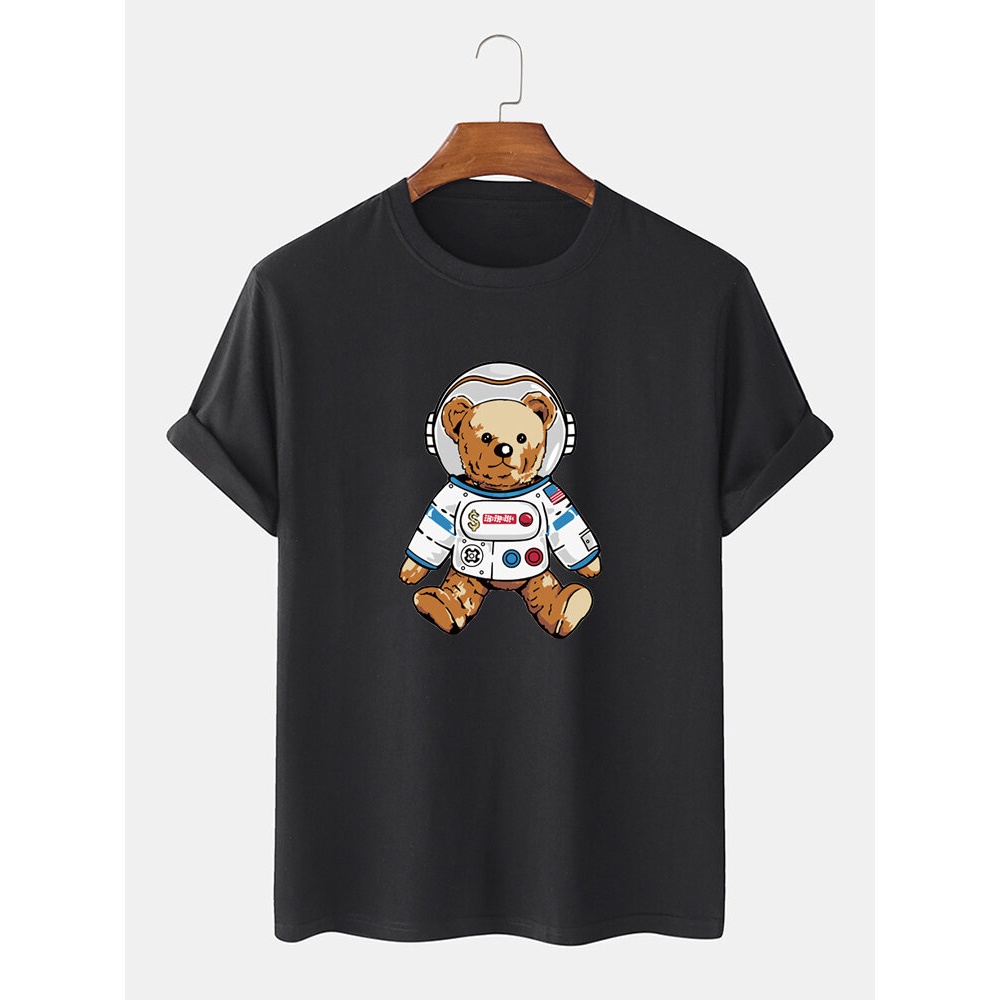 Mens Cartoon Astronaut Bear Print O-Neck Short Sleeve Casual T-Shirt - Black M