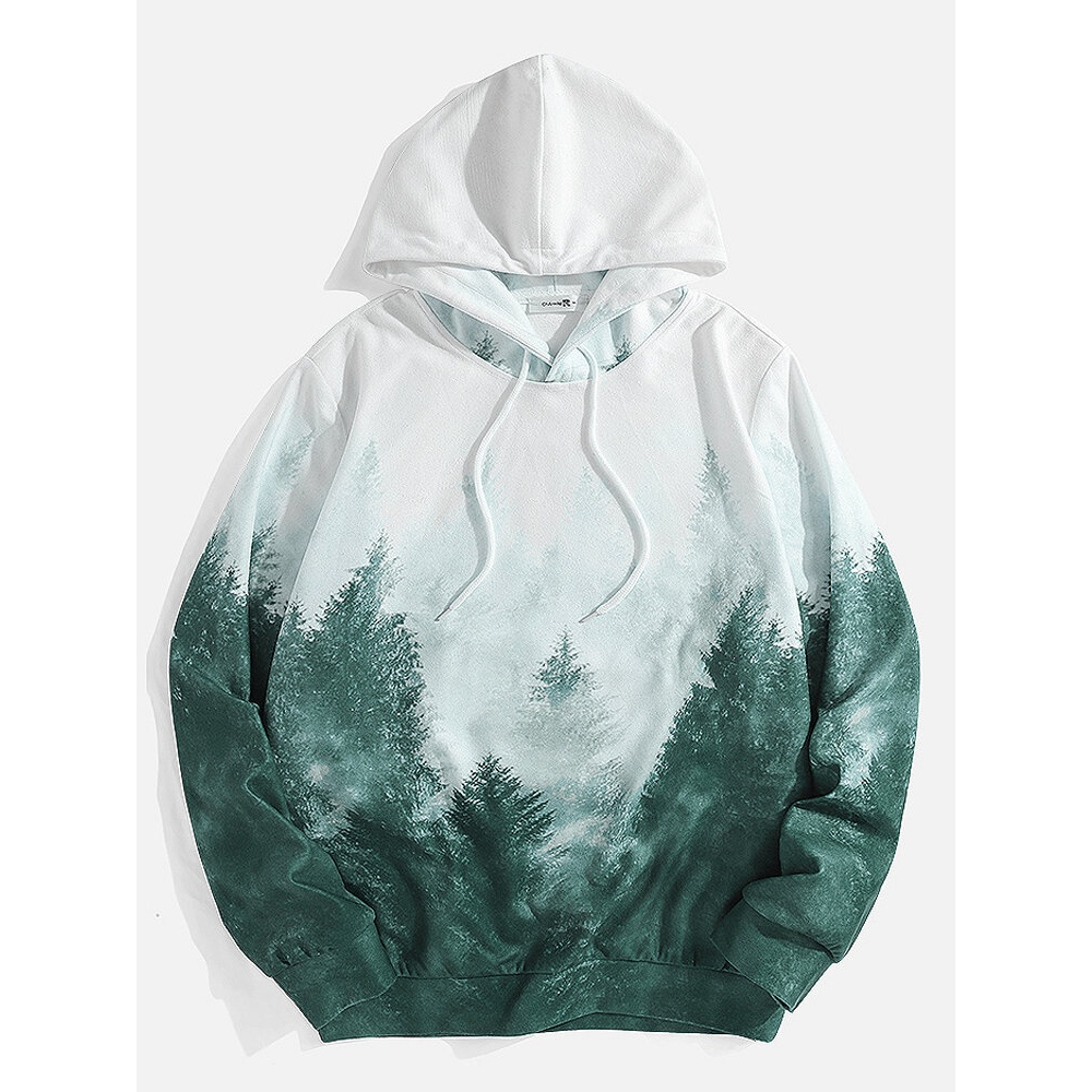 Mens Forest Landscape Print Long Sleeve Kangaroo Pocket Hoodies - M Green