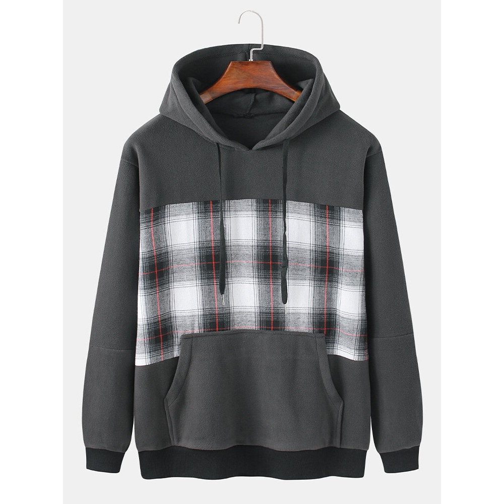 Cotton Mens Plaid Patchwork Kangaroo Pocket Long Sleeve Daek Grey Drawstring Hoodies - Dark Grey L
