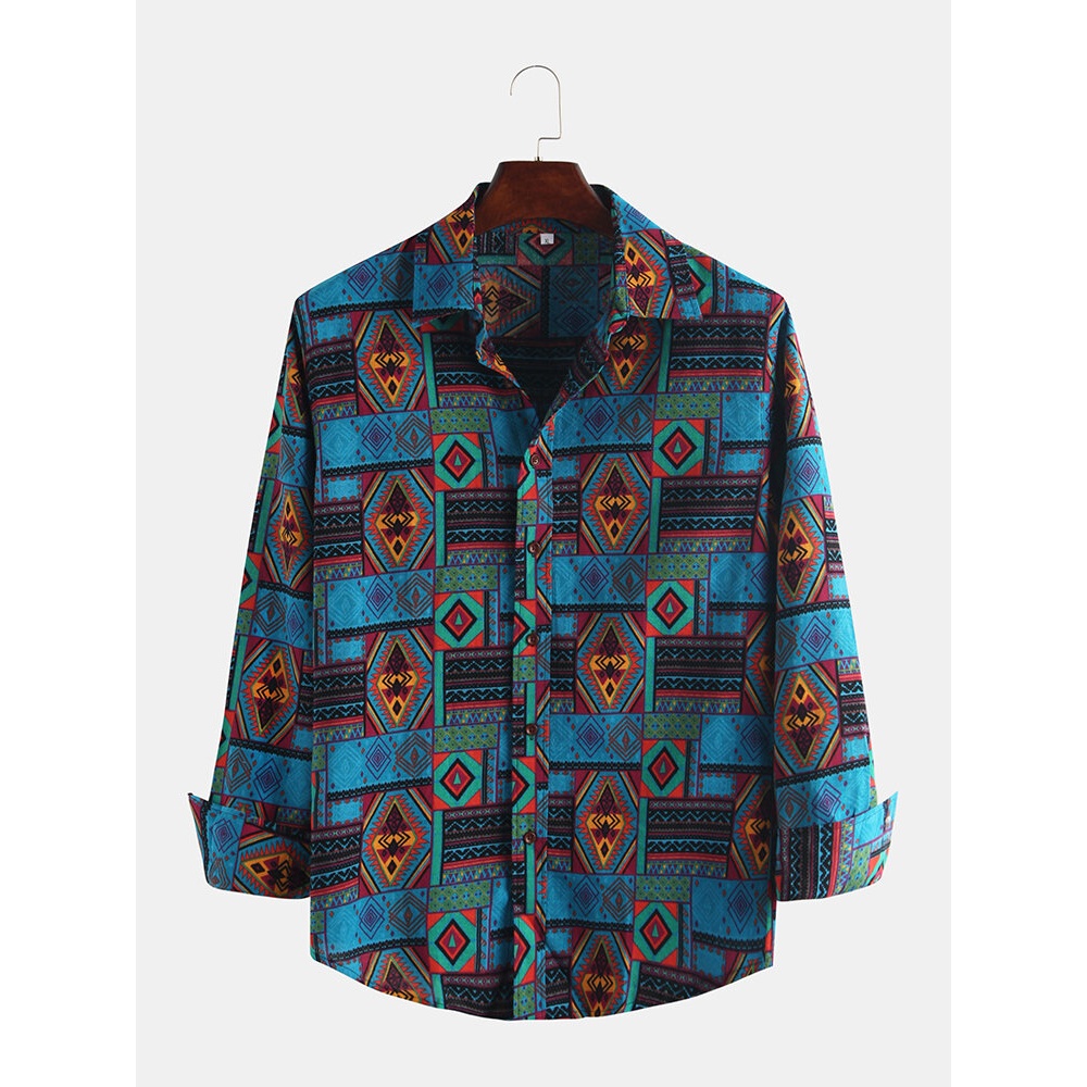 Mens Regular Geometry Printing Ethnic Style Long Sleeve Lapel Shirts - S Blue