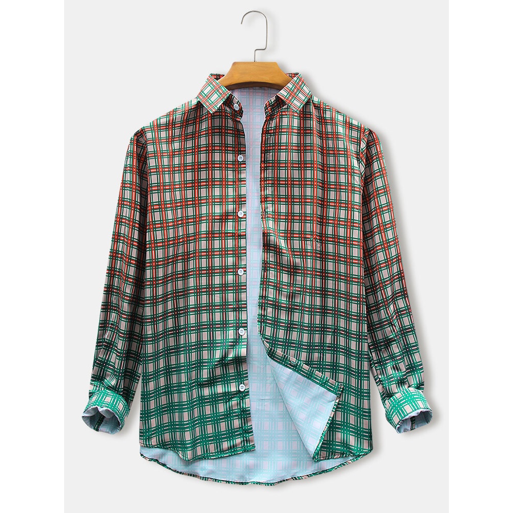 Mens Plaid Print Gradient Lapel Collar Long Sleeve Design Shirts - Black M