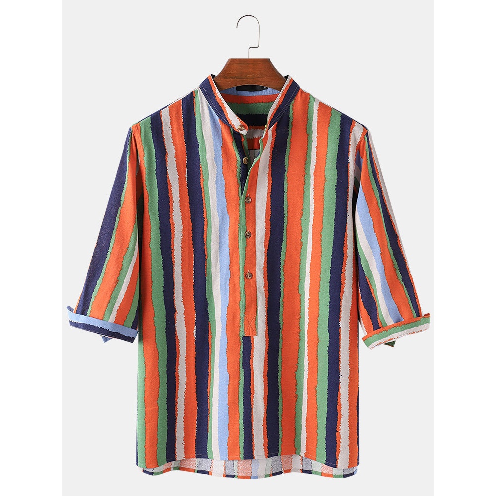 Mens Colorful Stripe Print Cotton Breathable Half Sleeve Henley Shirts - Green S
