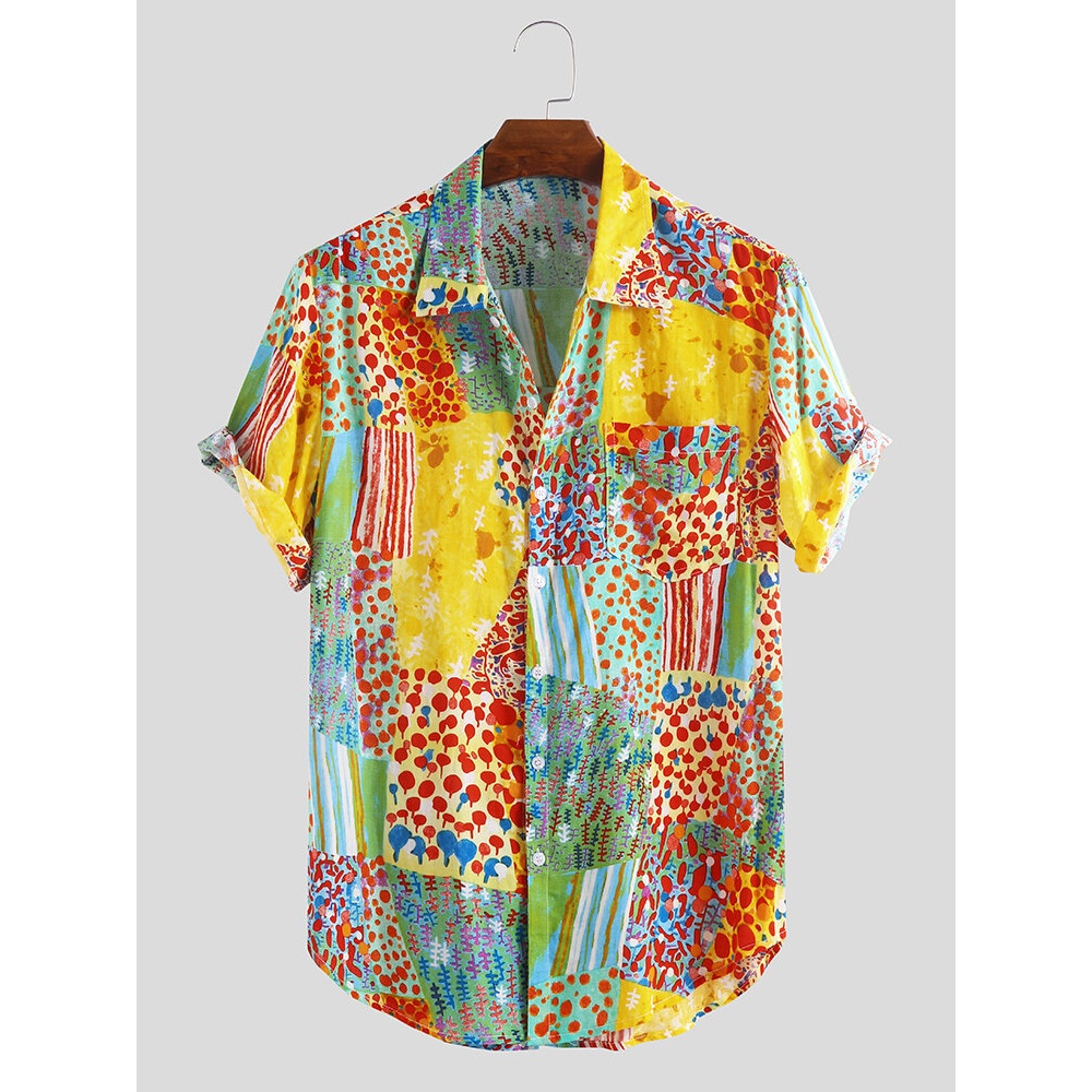 Men Colorful Mix Pattern Short Sleeve Relaxed Shirts - 3XL Purple