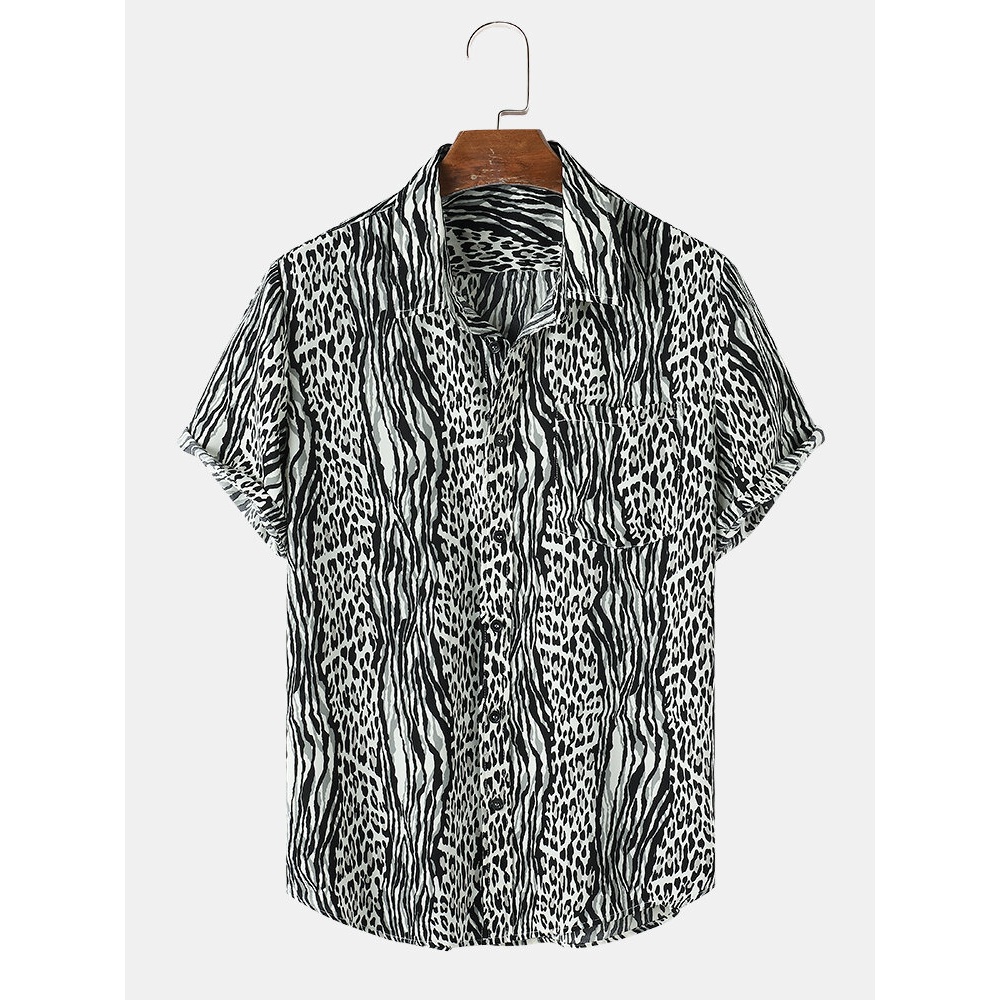 Mens Leopard Print Lapel Short Sleeve Holiday Shirts - Blue S