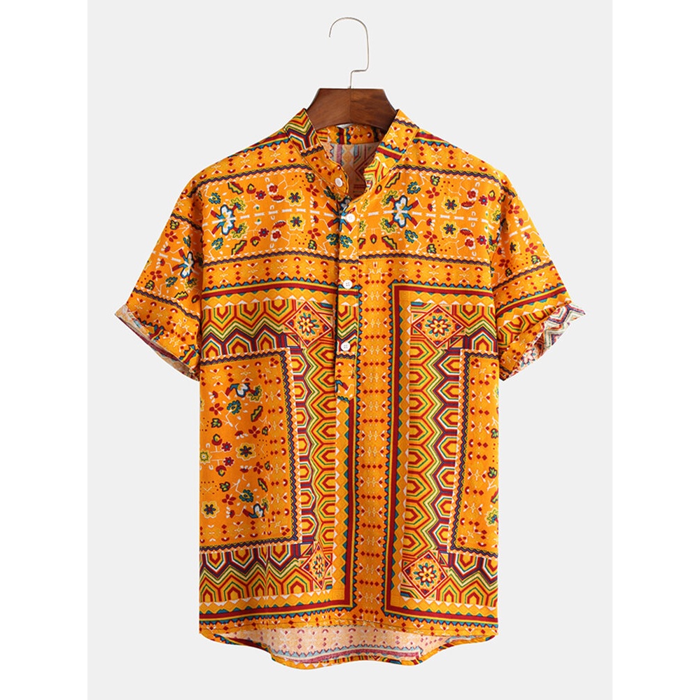Mens Ethnic Style Printed Summer Casual Loose Henley Shirts - XL Orange