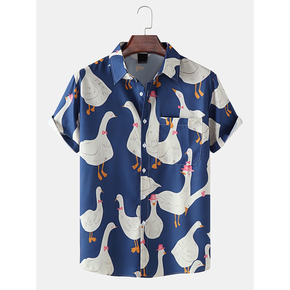 Mens Funny Duck Print Casual Shirts - Dark Blue M