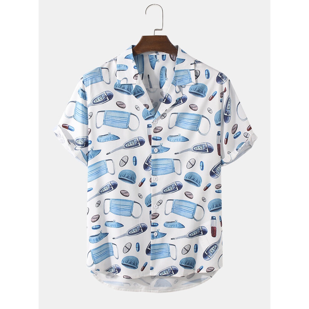 Mens Cartoon Face Mask Print Healthy Lifestyle Short Sleeve Shirt - White S