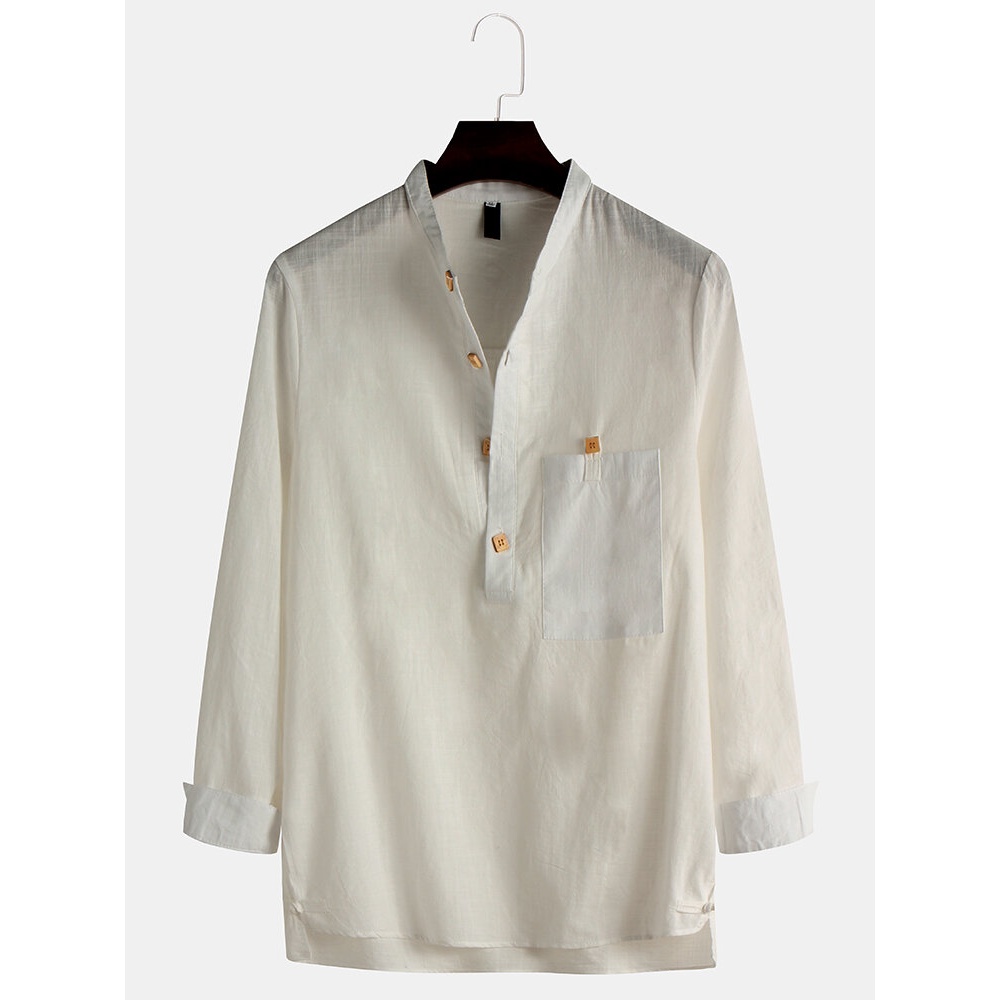 Mens Vintage Henley Collar Buttons Long Sleeve T-Shirts - 3XL Black