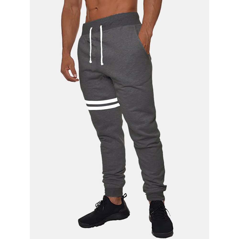 Mens Striped Design Casual Drawstring Fleece Cotton Knitted Sport Beam Feet Pants - Dark Grey XL