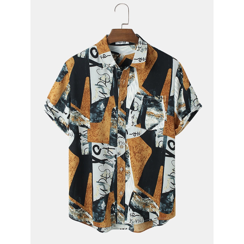 Mens Vintage Print Lapel Short Sleeve Curved Hem Shirts With Pocket - Black S