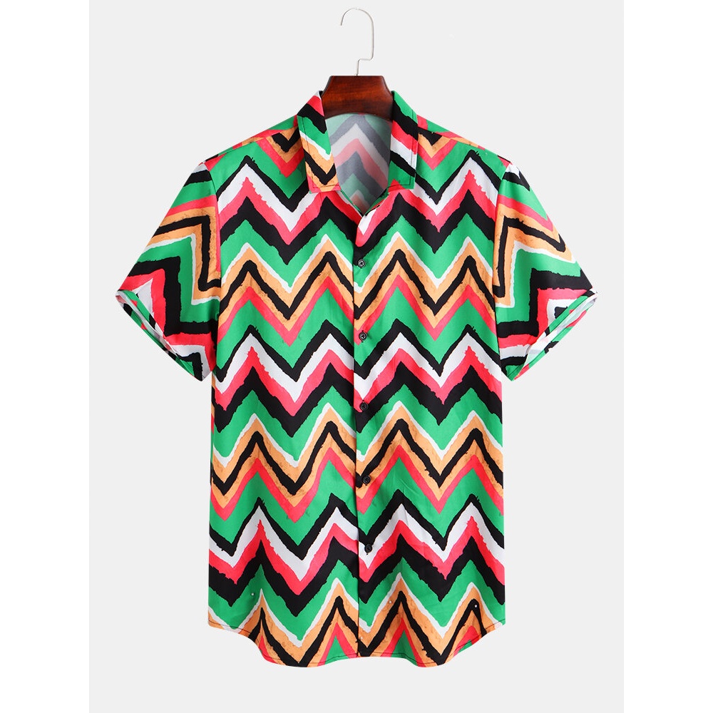 Mens Summer Colorful Stripe Turn Down Collar Casual Shirts - L #1