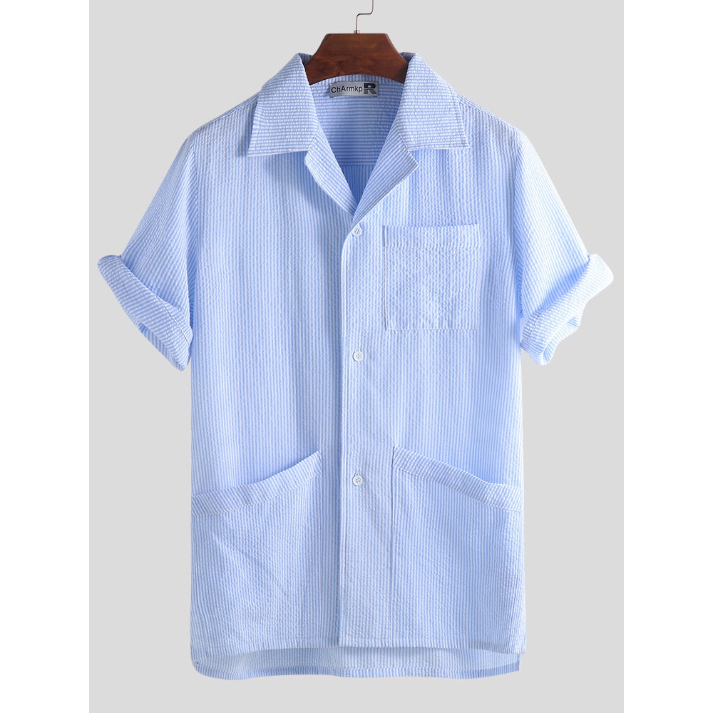 Mens Summer Three Practical Pockets Stripe Buttons Loose Comfy Casual Shirts - M Blue