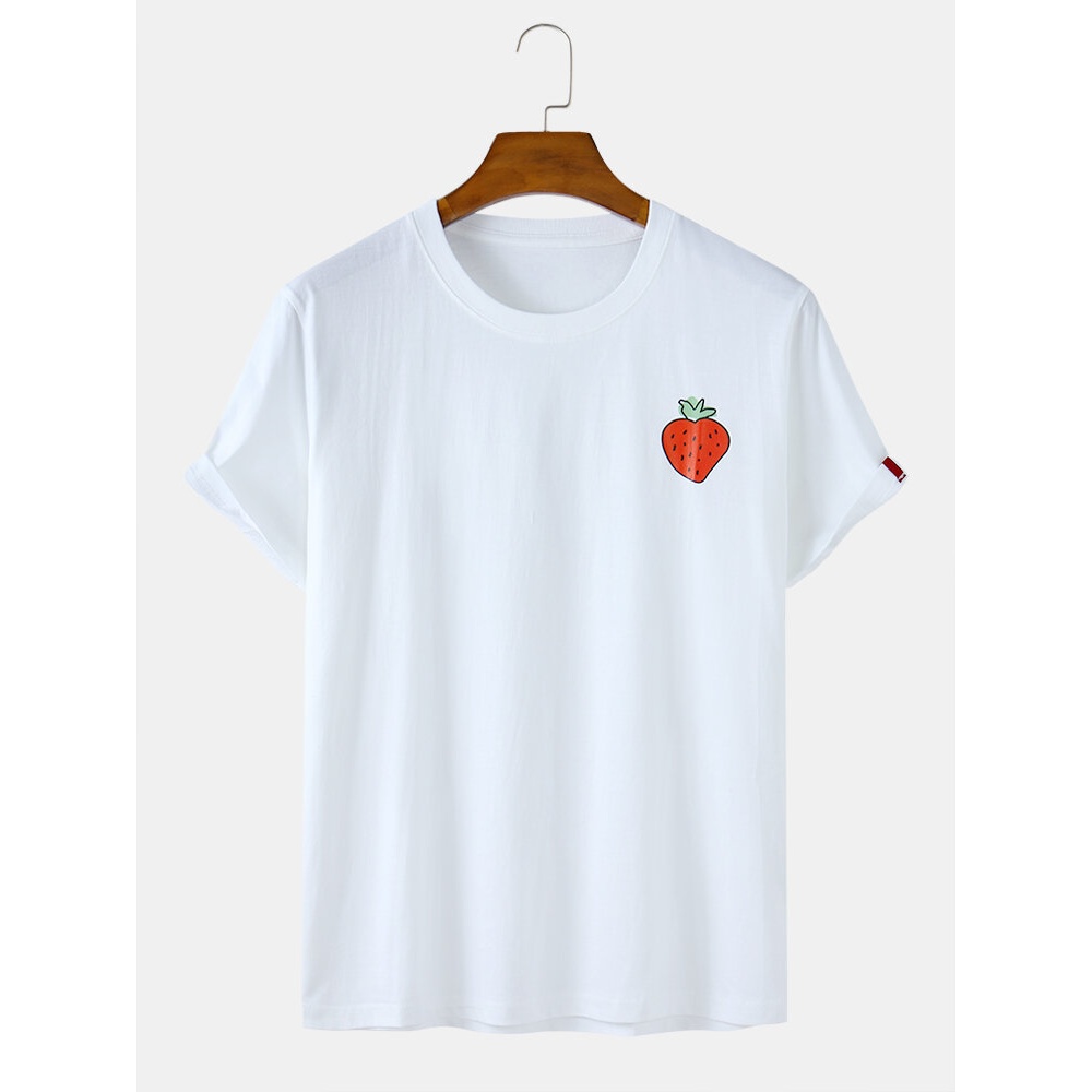 Mens Strawberry Print Cotton Loose Casual Short Sleeve T-Shirts - White L