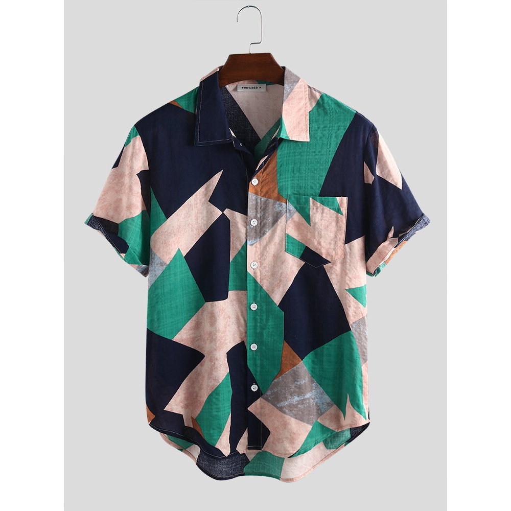 Mens Cotton Irregular Geometric Print Color Block Patch Pocket Casual Shirts - 3XL Green