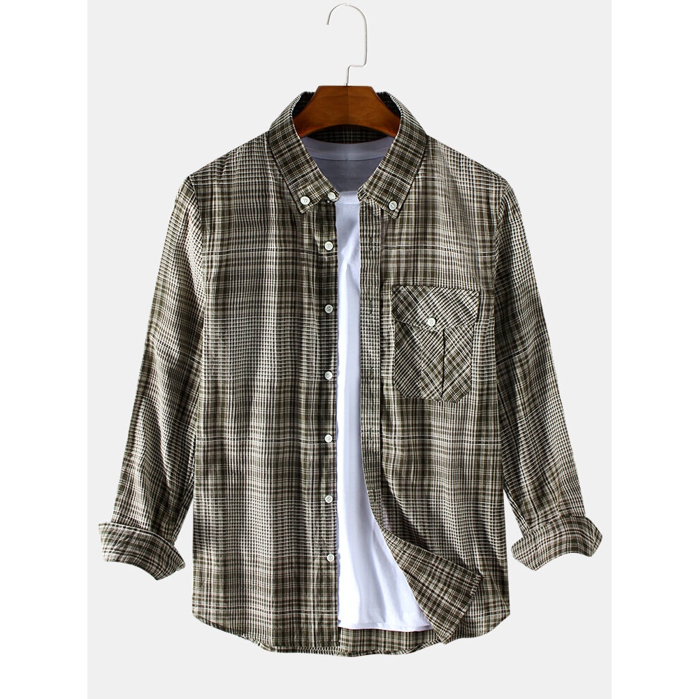 Mens Vintage Plaid Patvh Pocket Long Sleeve Causal Shirts - Khaki 3XL