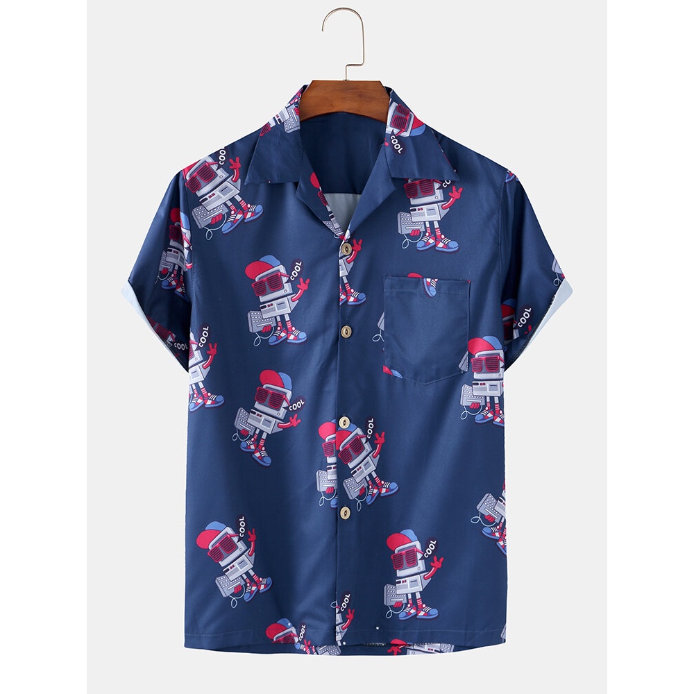 Mens Funny Robot Cartoon Print Chest Pocket Short Sleeve Casual Shirts - Blue M
