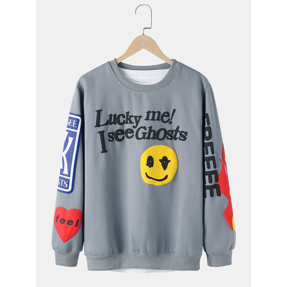 Mens Smile Emojis Slogan Print Cotton Crew Neck Casual Sweatshirt - Khaki S
