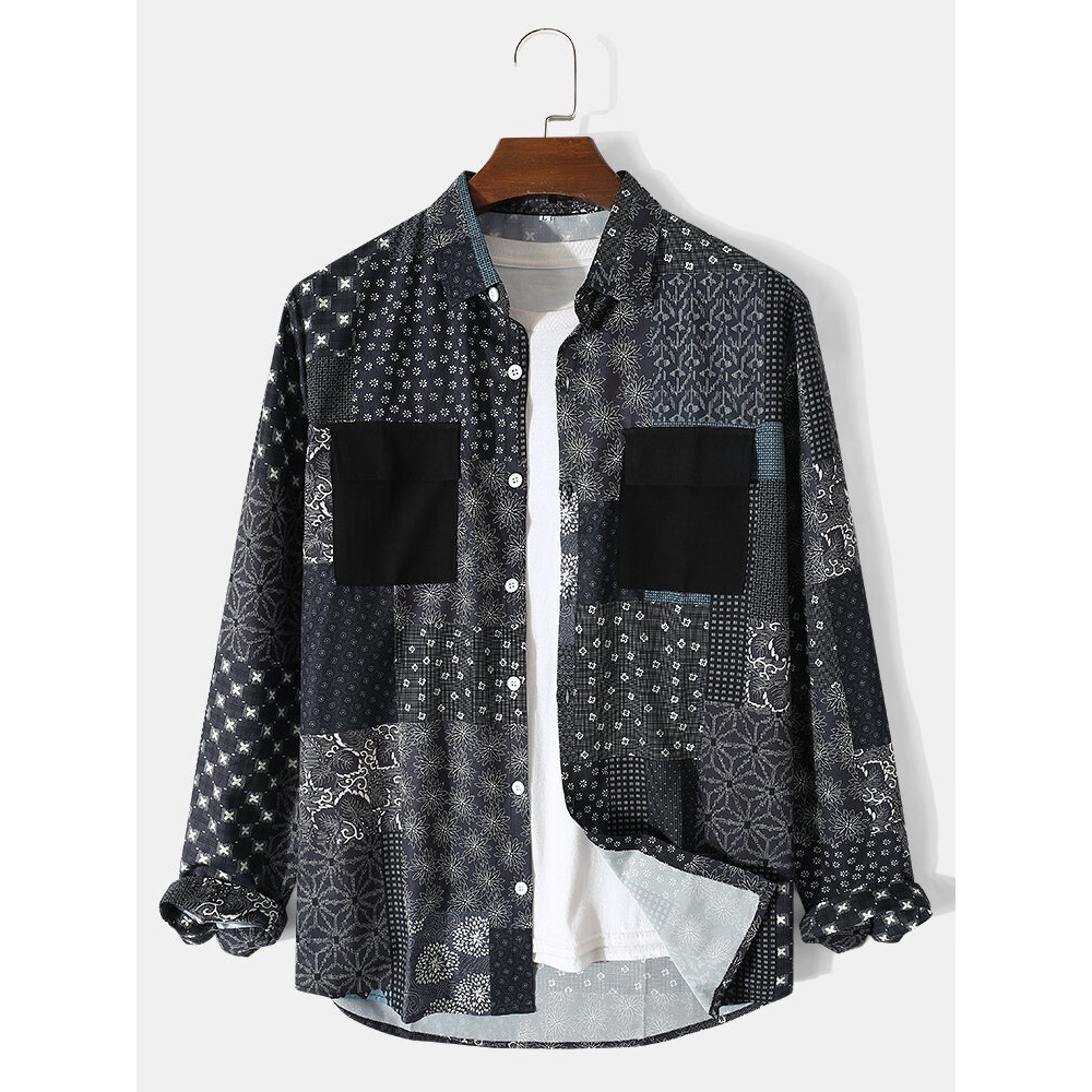 Men Vintage Floral Geo Mix Print Lapel Casual Button up Shirts - Black 2XL