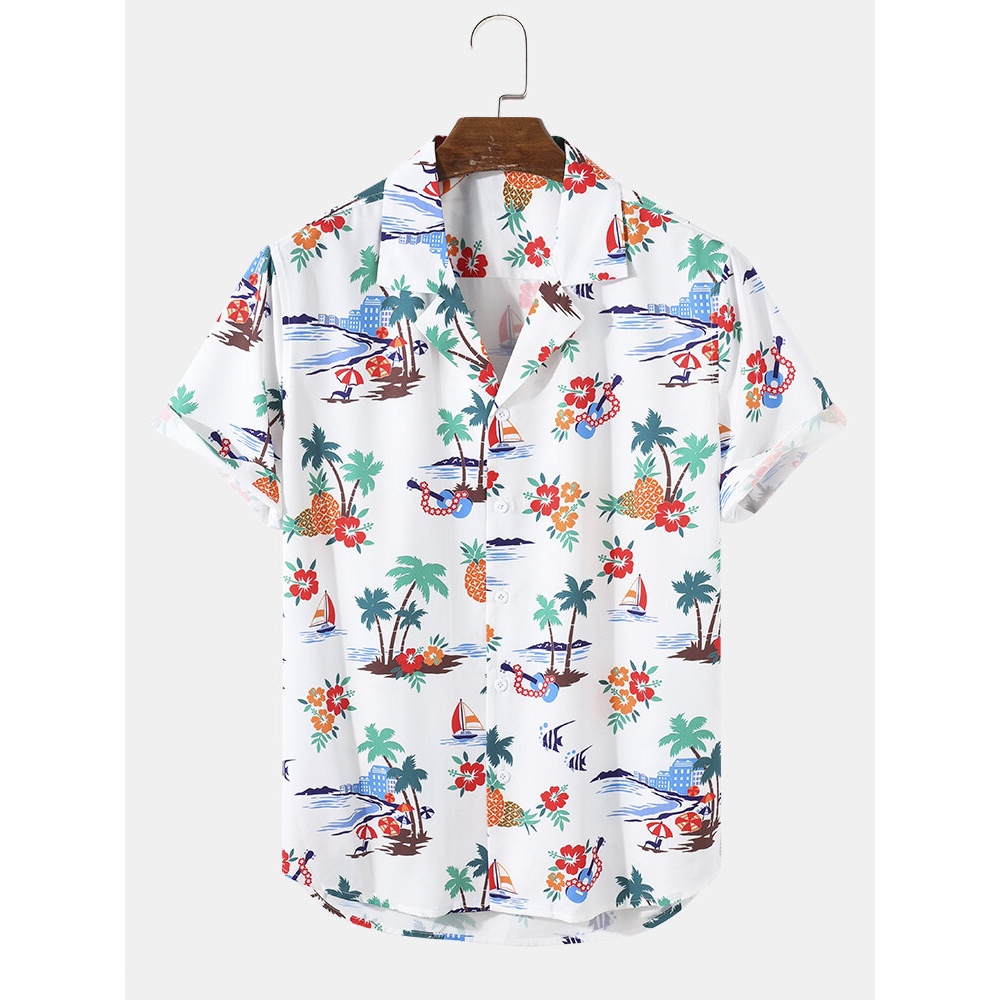 Mens Fashion Holiday Cartoon Print Braethable Casual Shirts - White M